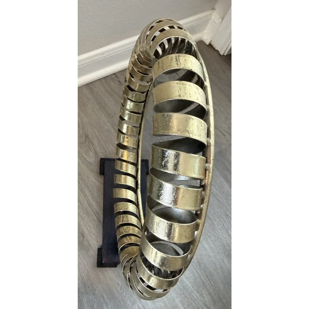 Arena Gold Finish Metal Sculpture, Iron Mount, Wooden Base. Zen-inspired Accent